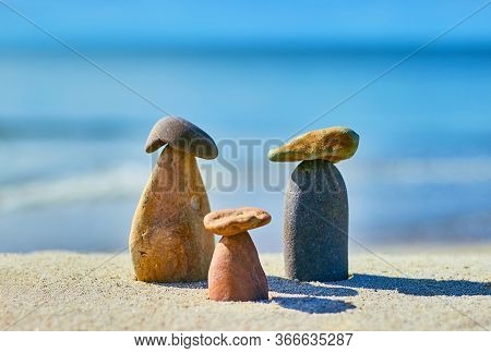 Three Stone Mushrooms On A Sandy Beach