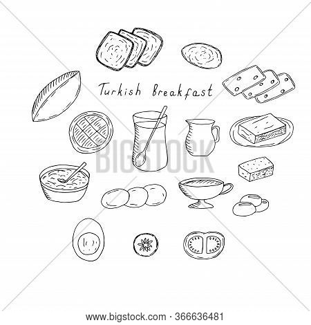 Turkish Breakfast Set, Vector Illustration, Bread, Cheese, Butter, Jam, Tea, Coffee, Chocolate, Milk