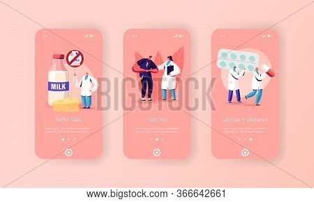 Lactose Intolerance Mobile App Page Onboard Screen Template. Character And Doctors. Man Feel Bad In 