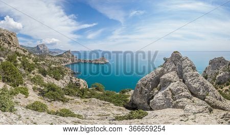 Beautiful Seascape, Panorama Of Cape Kapchik To The Galitsin Trail And Blue Bay Of The Black Sea. Su
