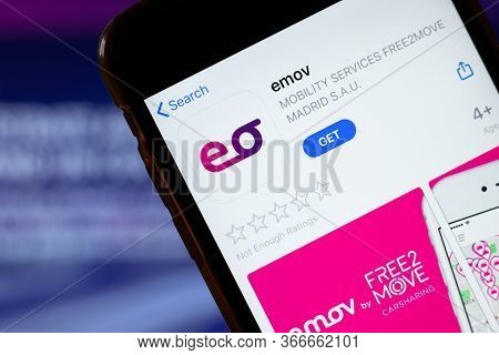 New York, Usa - 15 May 2020: Emov Mobile App Logo On Phone Screen, Close-up Icon, Illustrative Edito