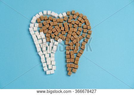 Sugar Destroy Tooth Enamel Leads Tooth Decay White Sugar Cubes Shape Form Tooth Brown Sugar Caries B