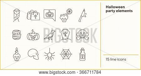 Halloween Party Elements Icons. Skull, Ghost, Crow. Halloween Concept. Vector Illustration Can Be Us
