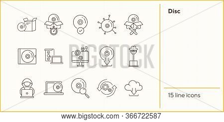 Disc Icons. Set Of Line Icons. Cd Scan, Box For Cd, Setting Cd. Software Product Concept. Vector Ill