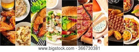 Food Collage Panorama, Design Template. Various Tasty Dishes, Including A Burger, A Pizza, Seafood P