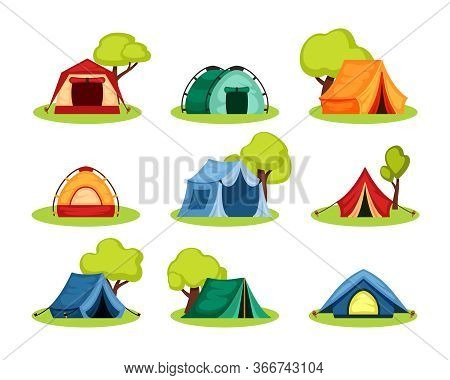 Camping Tent Set. Tourist Tent Under The Shelter Of Tree, Reinforced With Rope With Peg, The Shape O