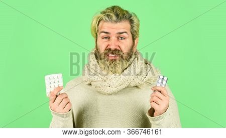 He Caught A Cold. Feeling Sick And Cold. Healthcare Against Flu. Pills To Make Him Healthy. Man Use 