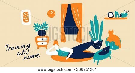Sport Exercise And Physical Activity At Home. Young Woman Training, Getting Fit At Home. Stay Physic