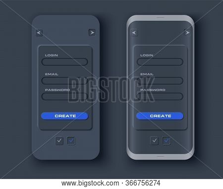 Neumorph Ui Dark Kit On Sample Smartphone Screen. Registration Form With Windows For Text. Light Col