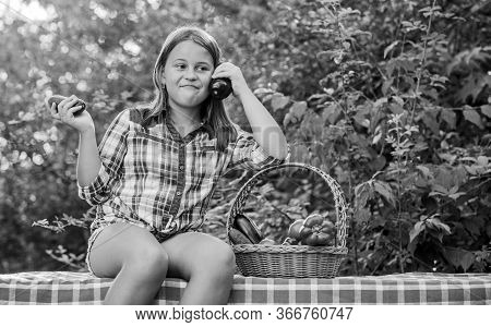 At Work. Kid On Summer Farm. Organic Food. Little Girl Vegetable In Basket. Only Natural. Healthy Fo