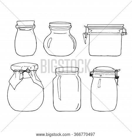 Hand Drawn Jar Set. Contour Sketch. Kitchen Objects Doodle Style. Vector Illustration Isolated On Wh