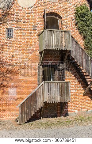 Wooden Stairs Of The Historic Castle In Lauenburg, Germany
