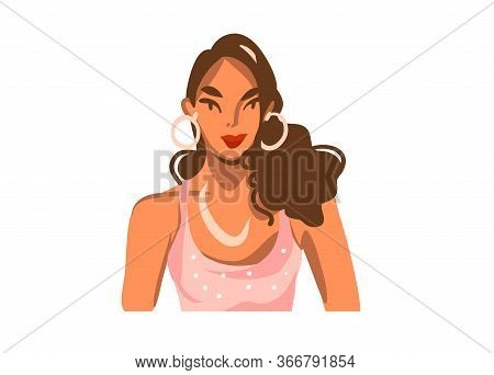 Hand Drawn Vector Abstract Stock Graphic Illustration With Young Smiling Beautiful Female Isolated O