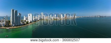Aerial Panorama View Of The Bocagrande District In Cartagena, Colombia.
