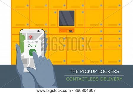 Vector Illustration Of Pickup Locker Service. Flat Concept Design Of Contactless Delivery. Non-conta