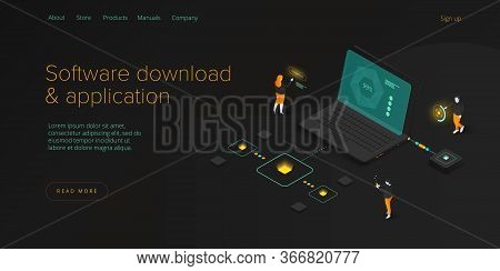Software Download And Application Isometric Vector Illustration. Programmers And Engeneers Working O