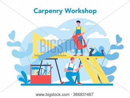 Woodworker Or Carpenter Concept. Builder Wearing Helmet And Overalls