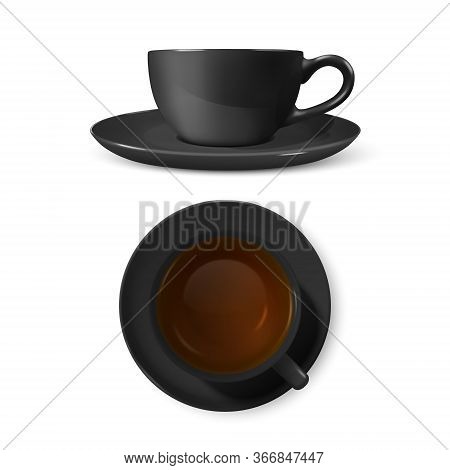 Vector 3d Realistic Black Porclean, Ceramic Tea Cup, Mug Set With Tea Closeup Isolated On White Back