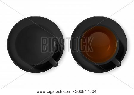 Vector 3d Realistic Black Porclean, Ceramic Tea Cup, Mug Set With Tea Closeup Isolated On White Back