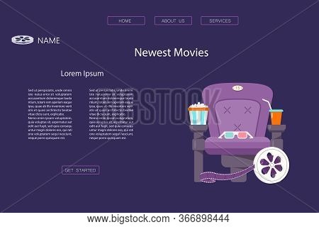 Landing Web Page Template With Cinema Banner With Theater Seat And 3dglasses, Popcorn And Soda, Film