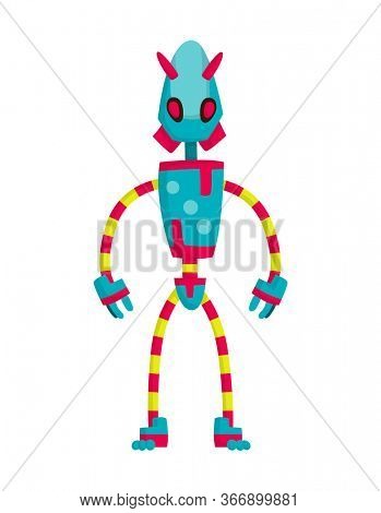 Funny cartoon robot. Cute retro robot. Robotic for children. Friendly android robot character with arms. Toy character future artificial robotics machine cyborg illustration