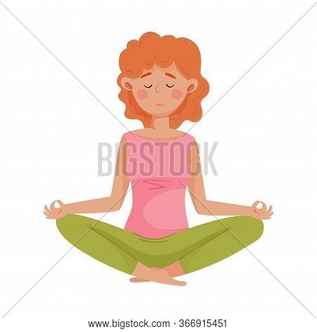 Young Woman Sitting In Yoga Pose To Reduce Stress Vector Illustration