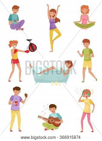 People Characters Reducing Stress By Different Activities Like Playing Guitar And Listening To Music