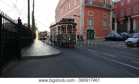 Lisbon, Potugal - December 24, 2017: An Old Tram With Santa Clau