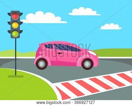 Pink Mini Car Going To Cross Pedestrian Crossing, Traffic Lights And Road. Vector Women Vehicle At C