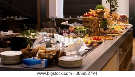 Sunday Brunch Menu With Salads, Meat, Cheese Cuts And Vegetables During Hotel Brunch Buffet Indoor R