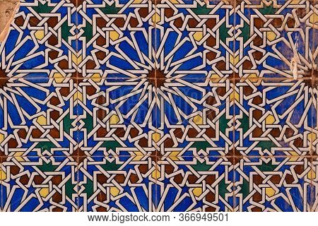 Detail Of A Colorful Tiles With Traditional Geometrical Floral Motive. Wall In An Abandoned House. D