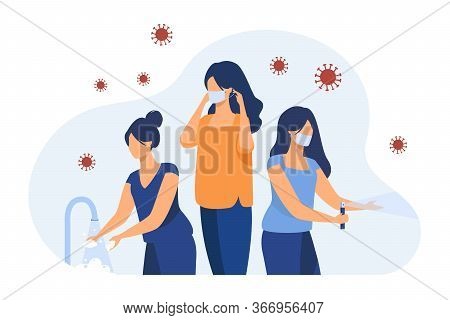 Hygiene Guide For Protection From Coronavirus. Washing And Sanitizing Hands With Akcohol, Wearing Ma