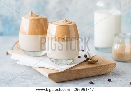 Dalgona  Coffee.  Dalgona Frothy Coffee Is A South Korean Drink With Whipped Instant Coffee, Sugar A