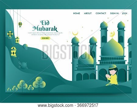 Illustration Of Beautiful Mosque, A Child Is Pray To Allah To Celebrating Holy Month Of Islam Eid Mu