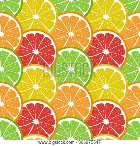 Seamless Pattern With Sliced Pieces Of Citrus Fruit. Bright Background Tropical Fruits. Stock Vector