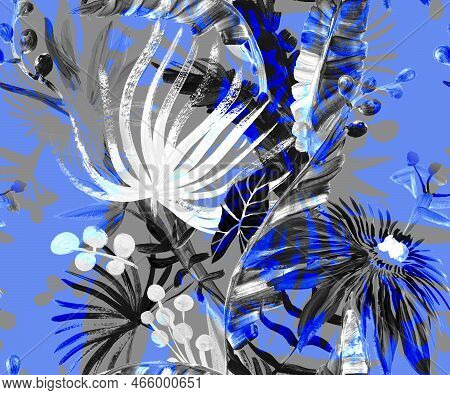 Monochrome Seamless Pattern With Tropical Flowers And Leaves Painted In Drybrush Gouache For The Tex