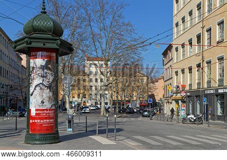 Lyon, France, March 7, 2022 : Place De La Croix Rousse Is The Corner Point Of The District Of The Sa