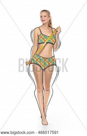 Measuring. Young Attractive Girl In Drawn Lingerie Or Underwear Takes Measurements Isolated On Light