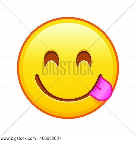 A Face Savoring A Delicacy On White Background. Large Size Of Yellow Emoji Smile