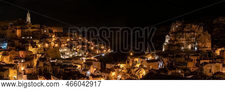 Famous Cave Church Saint Mary Of Idris And The Cathedral Of Matera At Night, Italy