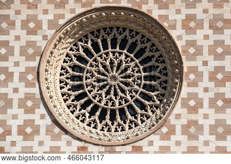 Typical Romanesque Rose Window Of The Portal Of Basilica Santa Maria Di Collemaggio In L\'aquila, Ab