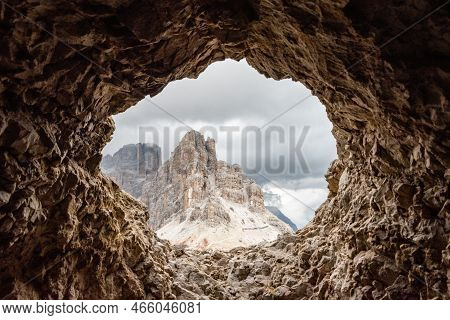 View Out Of A Loophole Of The Mount Lagazuoi Tunnels, Built During The First World War, The Dolomite