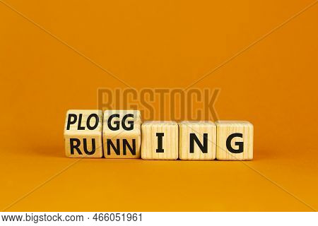 Running Or Plogging Symbol. Turned Wooden Cubes And Changed The Word Running To Plogging. Beautiful 