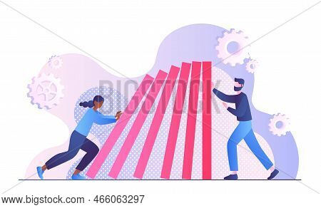 Domino Effect Concept. Man Holding Objects That Woman Pushing. Resistance And Struggle. Poster Or Ba