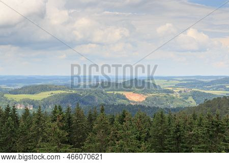 Panorama View Of Eifel Mountains With Castle Kasselburg And Trees Seen From Hill Heiligenstein Near 