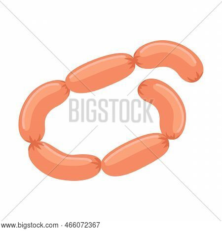 Bunch Of Boiled Sausages. Meat Product Cartoon Vector Illustration. Drawing Of Raw And Roasted Anima