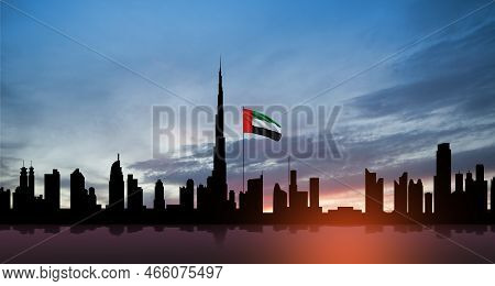 United Arab Emirates Flag And Dubai Skyline View At Sunset. Uae Celebration. National Day, Flag Day,