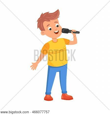 Young Singer Sings Song Into Microphone. Hobbie And Activitie Of Kids. Vector Illustrations Of Activ