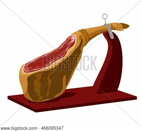 Jamon - Leg Of Dried Pork Meat On A Wooden Stand. Jamon Meat Vector Icon. Spanish Ham Dry Cured Pork