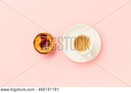 Traditional Portuguese Egg Tart Dessert Pasteis Pastel De Nata Or Pasteis De Belem With Coffee Over 